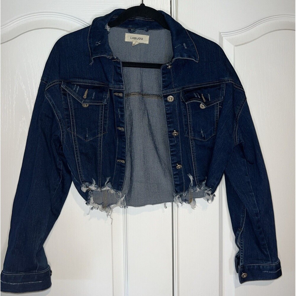 Womens Blue Denim Jean Jacket Crop Distressed Long Sleeve Small Stretch Pockets
